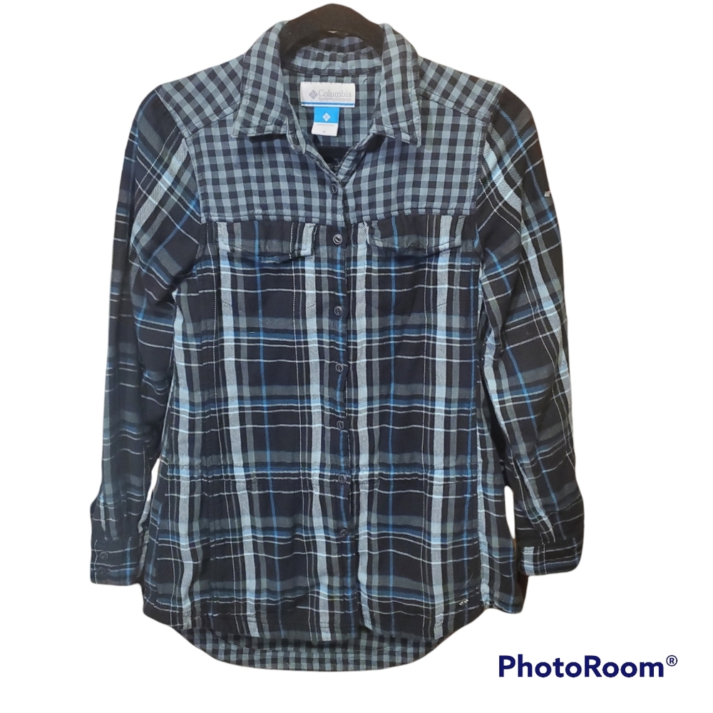 COLUMBIA women's tunic flannel turquoise blue cinch plaid button up shirt